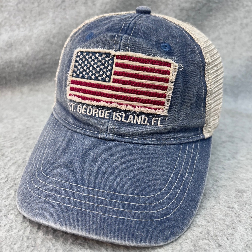 US Flag St. George Island FL Unisex Blue DK Caps Trucker Hat Mesh Snapback OSFM